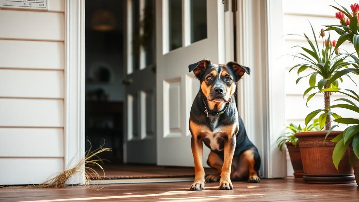 Dog sitting by the front door of a bright Australian home waiting for its owner